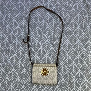 Michael Kors Gray and Brown Crossbody Bag with Logo Design and Adjustable Strap